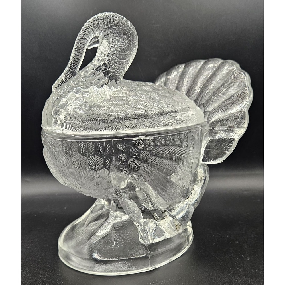 Vintage L.E. Smith Clear Pressed Glass Lidded Turkey Candy Nut Dish Thanksgiving